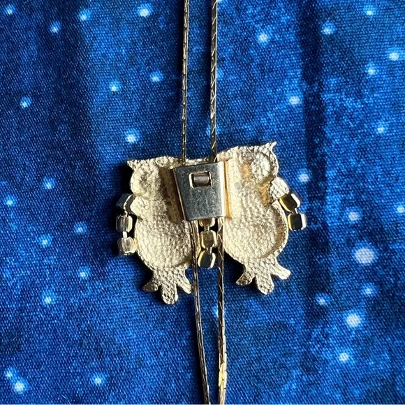 LAST CHANCE! VINTAGE Gold Rhinestone Pair of Perched Owls Slide Lariat Necklace - Picture 2 of 4